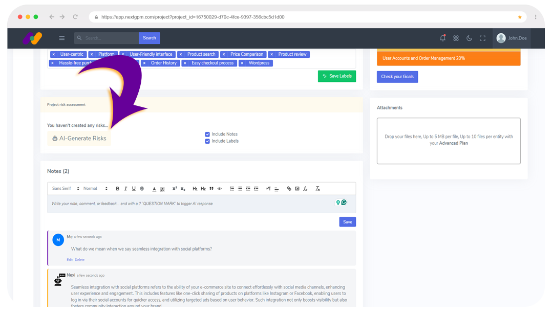 Generate Risk Assessment in project management NextGPM