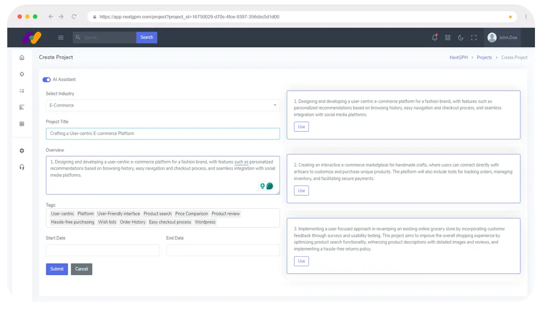 Create Project in Project Management NextGPM