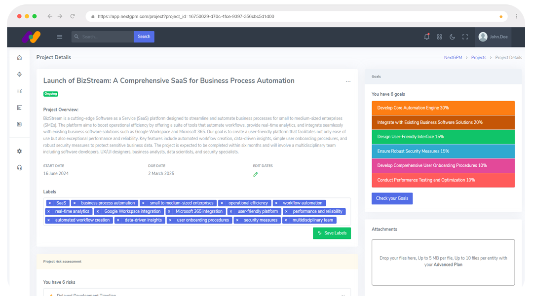 Project Details page Project Management NextGPM