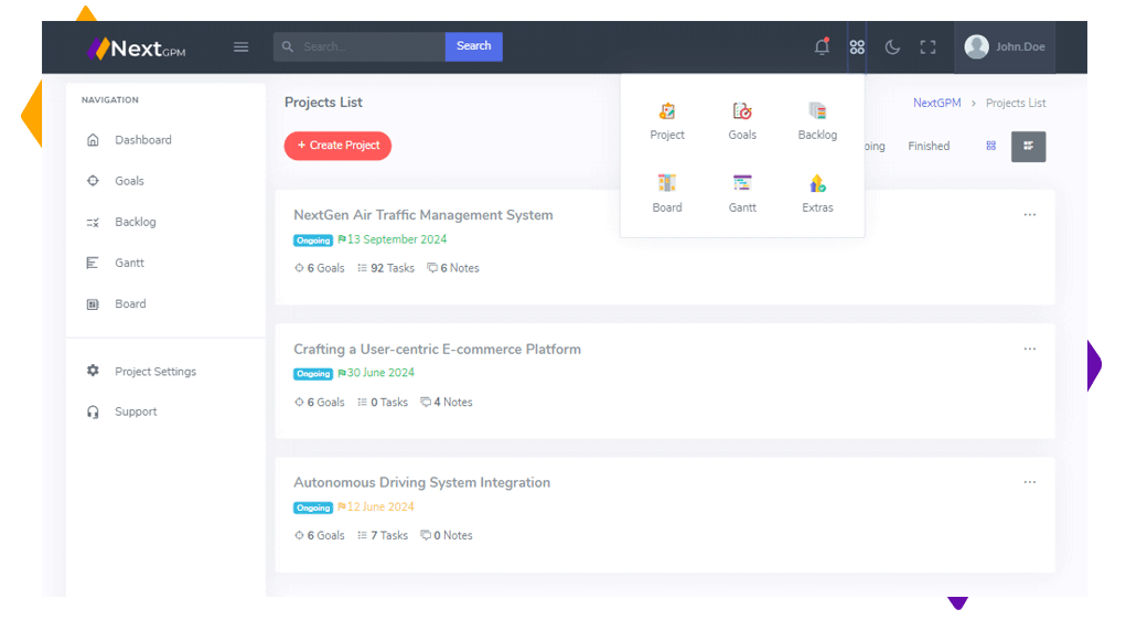 Screenshot of the NextCPM project management dashboard showing a list of current projects. The sidebar on the left contains navigation options such as Dashboard, Goals, Backlog, Gantt, Board, Project Settings, and Support. The main section titled 'Projects List' includes a 'Create Project' button and displays three projects with details including their status, due dates, goals, tasks, and notes. The projects listed are: NextGen Air Traffic Management System, Crafting a User-centric E-commerce Platform, and Autonomous Driving System Integration. The top navigation bar includes a search bar, a dropdown menu with options (Project, Goals, Backlog, Board, Gantt, Extras), and a user profile labeled 'John Doe.