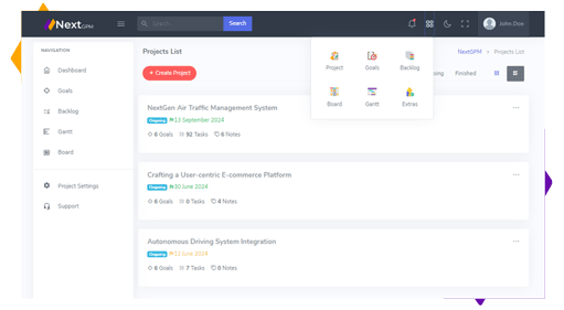 Screenshot of the NextCPM project management dashboard showing a list of current projects. The sidebar on the left contains navigation options such as Dashboard, Goals, Backlog, Gantt, Board, Project Settings, and Support. The main section titled 'Projects List' includes a 'Create Project' button and displays three projects with details including their status, due dates, goals, tasks, and notes. The projects listed are: NextGen Air Traffic Management System, Crafting a User-centric E-commerce Platform, and Autonomous Driving System Integration. The top navigation bar includes a search bar, a dropdown menu with options (Project, Goals, Backlog, Board, Gantt, Extras), and a user profile labeled 'John Doe.