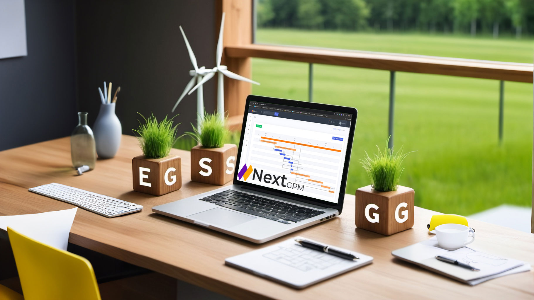 A laptop displaying a project management tool with a Gantt chart is on a wooden desk, surrounded by small potted plants in cube-shaped planters with the letters "E", "S", "G" on them. The desk also has a keyboard, a notebook, a cup of coffee, a yellow chair, and some office supplies. In the background, there is a large window with a view of a green, grassy field and trees. This image is for the post about ESG features coming into the NextGPM AI Project Management platform.